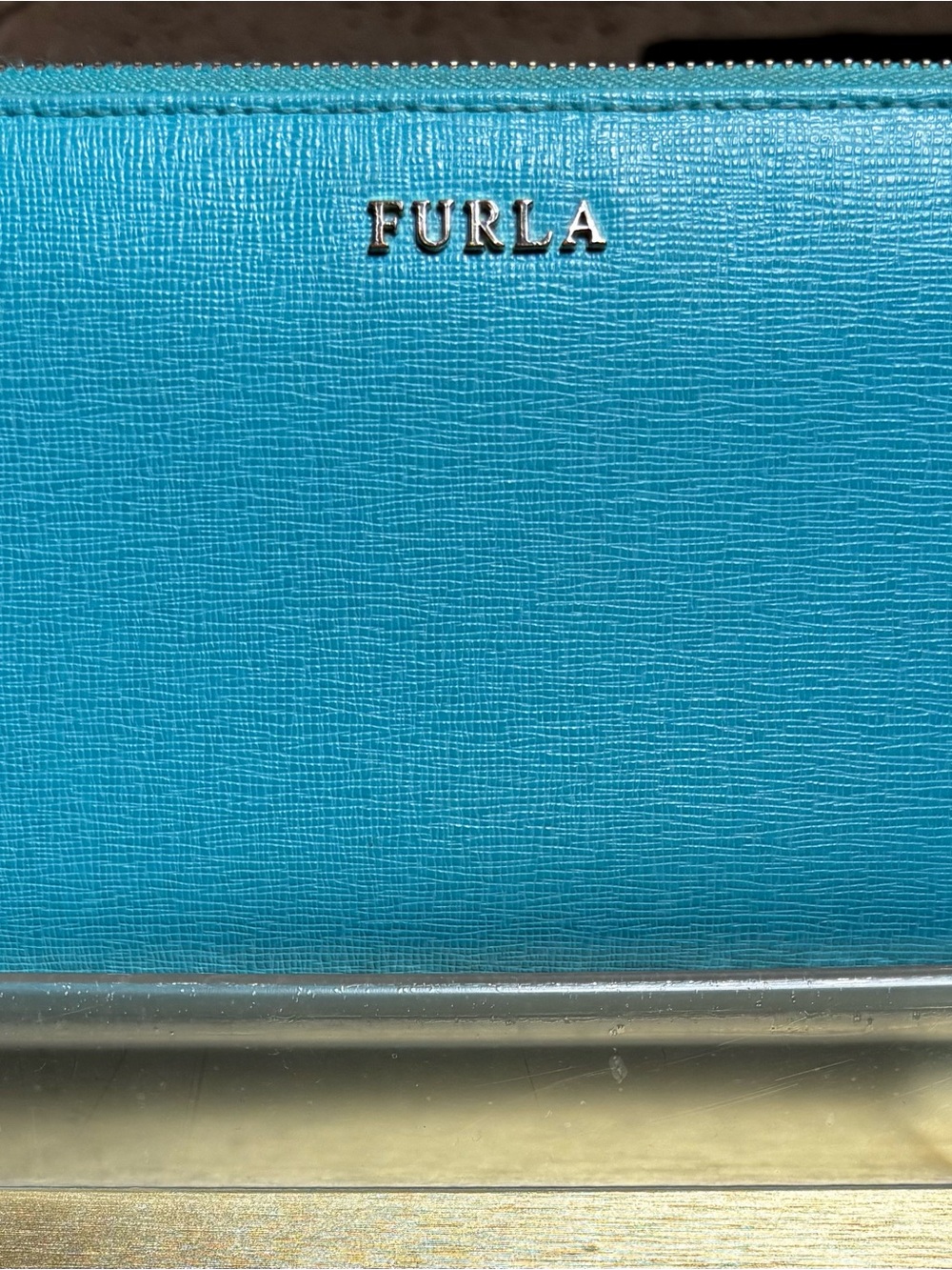 Furla Turquoise Saffiano Leather Zip Pouch